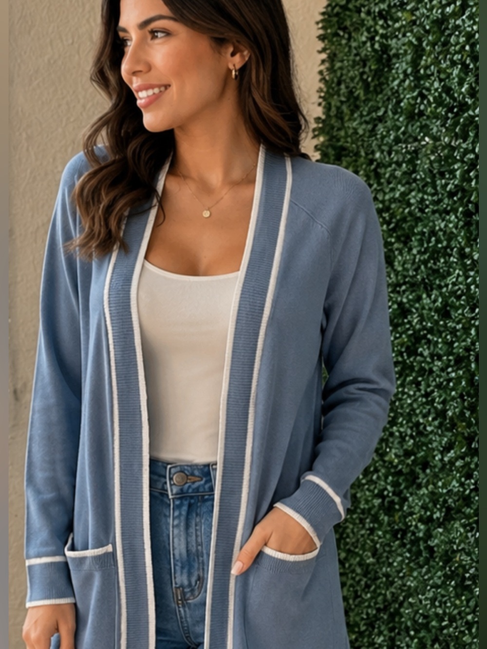 Verve Ami Light Blue Open-Front Knit Robe with White Trim # 90